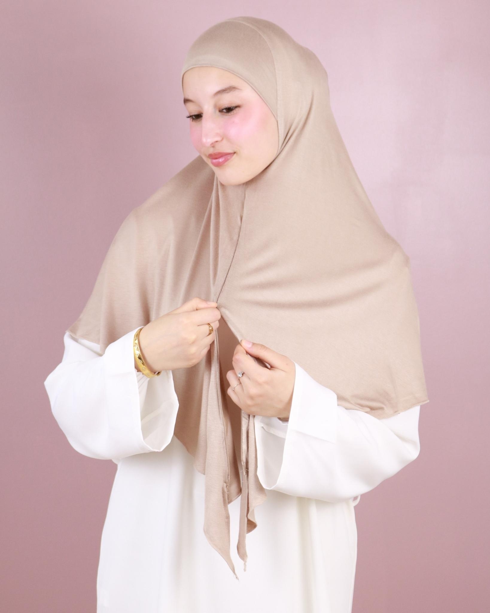 Hijab à enfiler avec Zip sans épingles en Jersey (Couleurs : Marron Chocolat)