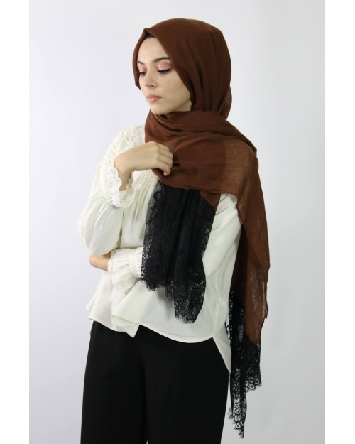 Maxi Hijab Coton PREMIUM avec dentelle marron  ★