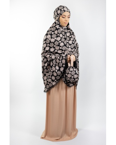 Ensemble de prière fleuri fond noir jupe beige