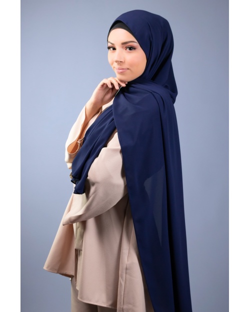 Maxi hijab mousseline de soie opaque  bleu marine 